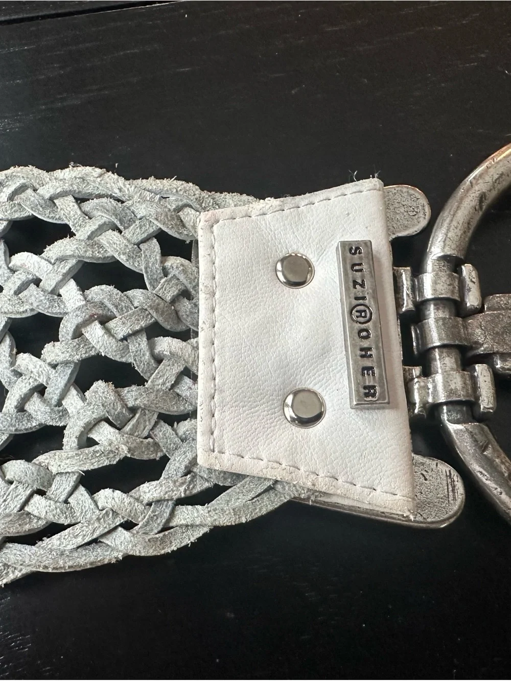 Suzi Roger gray Woven Leather Silver-Tone Wide Buckle Waist Belt -
